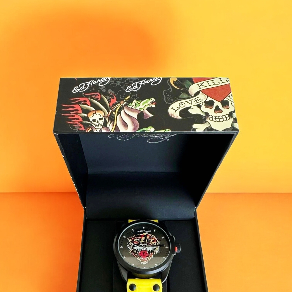 NEW Ed Hardy Matte Yellow Silicone Strap Watch 46mm Y2K